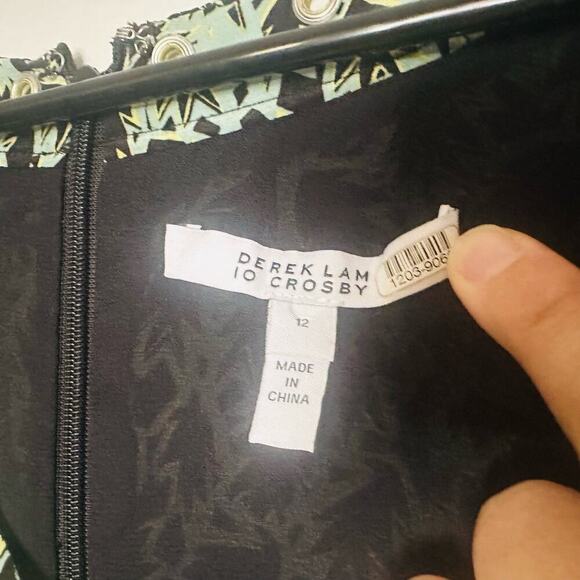 DEREK LAM 10 Crosby Green Black Leaf Printed V Neck Grommet Mini Dress Size 12 - Picture 9 of 14